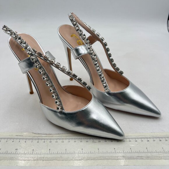 FSJ Metallic Silver Slingback Shoes Stiletto Heel Rhinestone Sandals - Picture 4 of 8